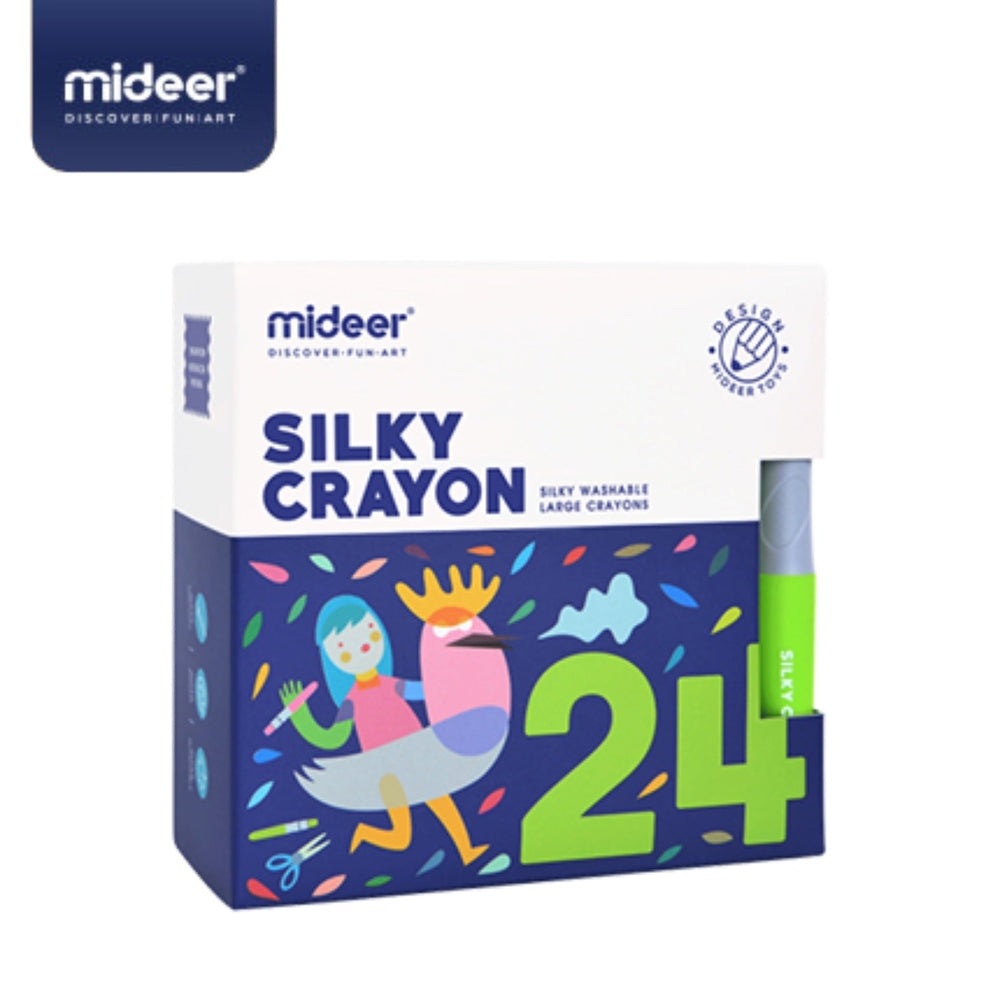 Mideer Silky Crayon 24-color set with large washable crayons in colorful illustrated packaging