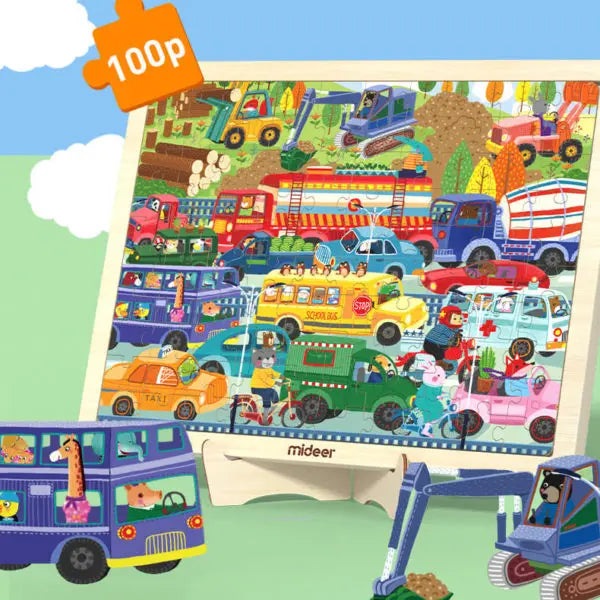 Mideer Standing Wooden Puzzle with Frame, 100-piece colorful vehicle traffic scene shown upright in its frame.