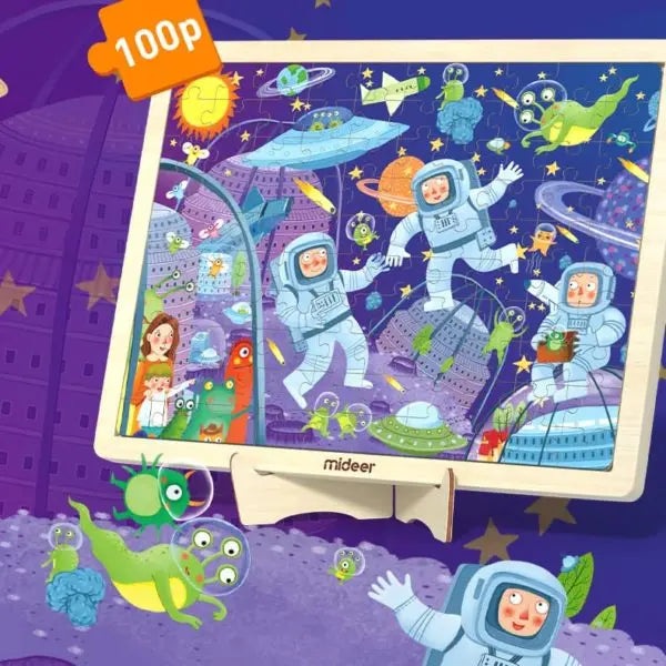 MIDEER Standing Wooden Puzzle With Frame, colorful space scene with three astronauts floating inside the frame.