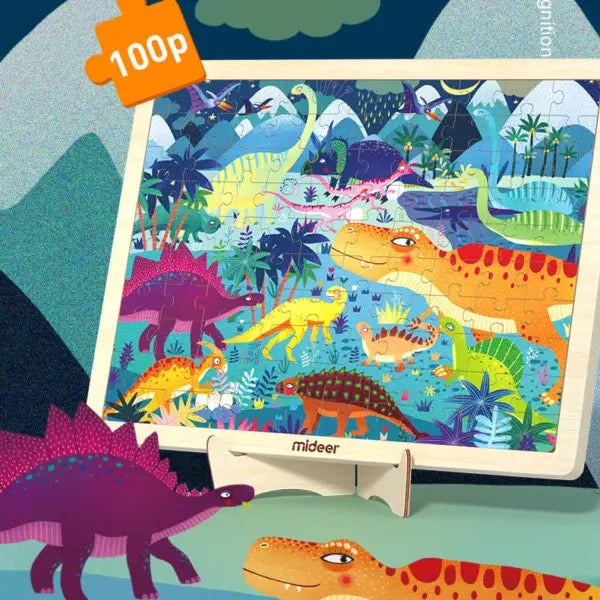 MIDEER standing wooden puzzle with frame, vibrant dinosaur scene; frame on a stand with a purple dinosaur foreground.