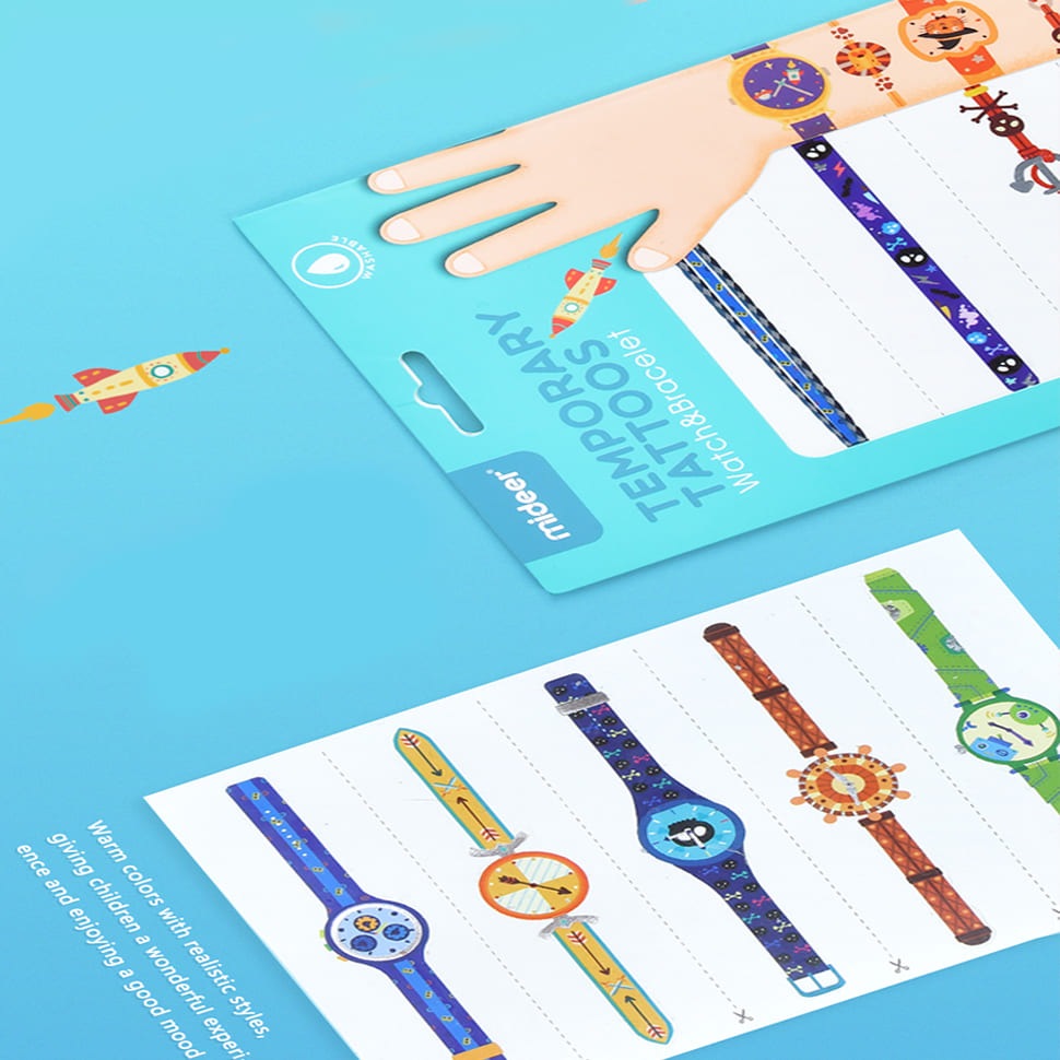 MIDEER temporary tattoos boy watch and bracelet set with colorful space-themed bands in blue packaging