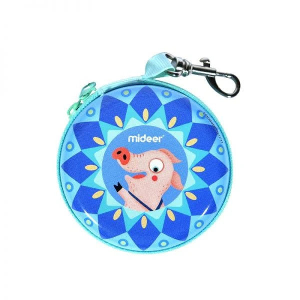 Mideer round tin coin purse with Little Pigs illustration in bright blue geometric pattern