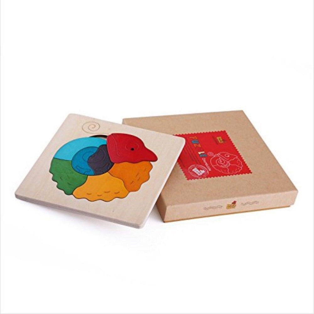 Mideer Unclewood wooden chameleon puzzle with colorful segmented pieces on natural wood board