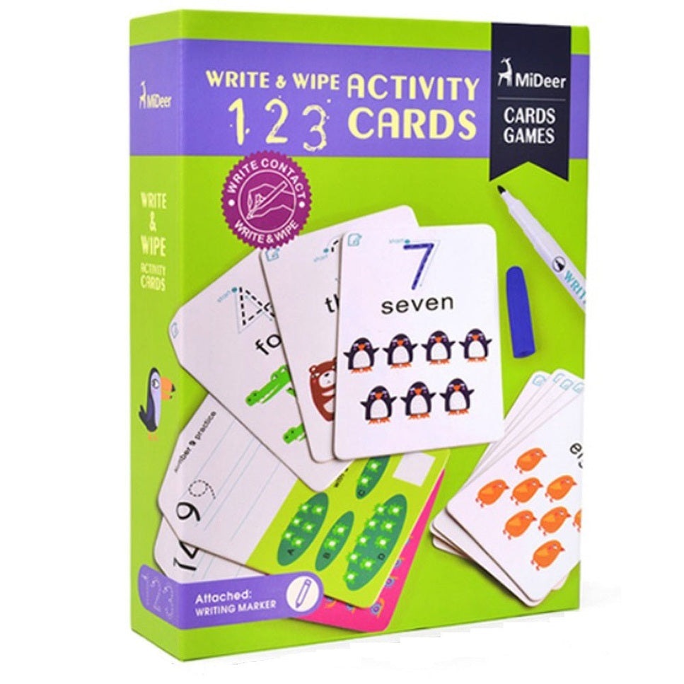 Mideer Wipe & Write Activity 123 Cards set with penguin cards on a bright green and purple box