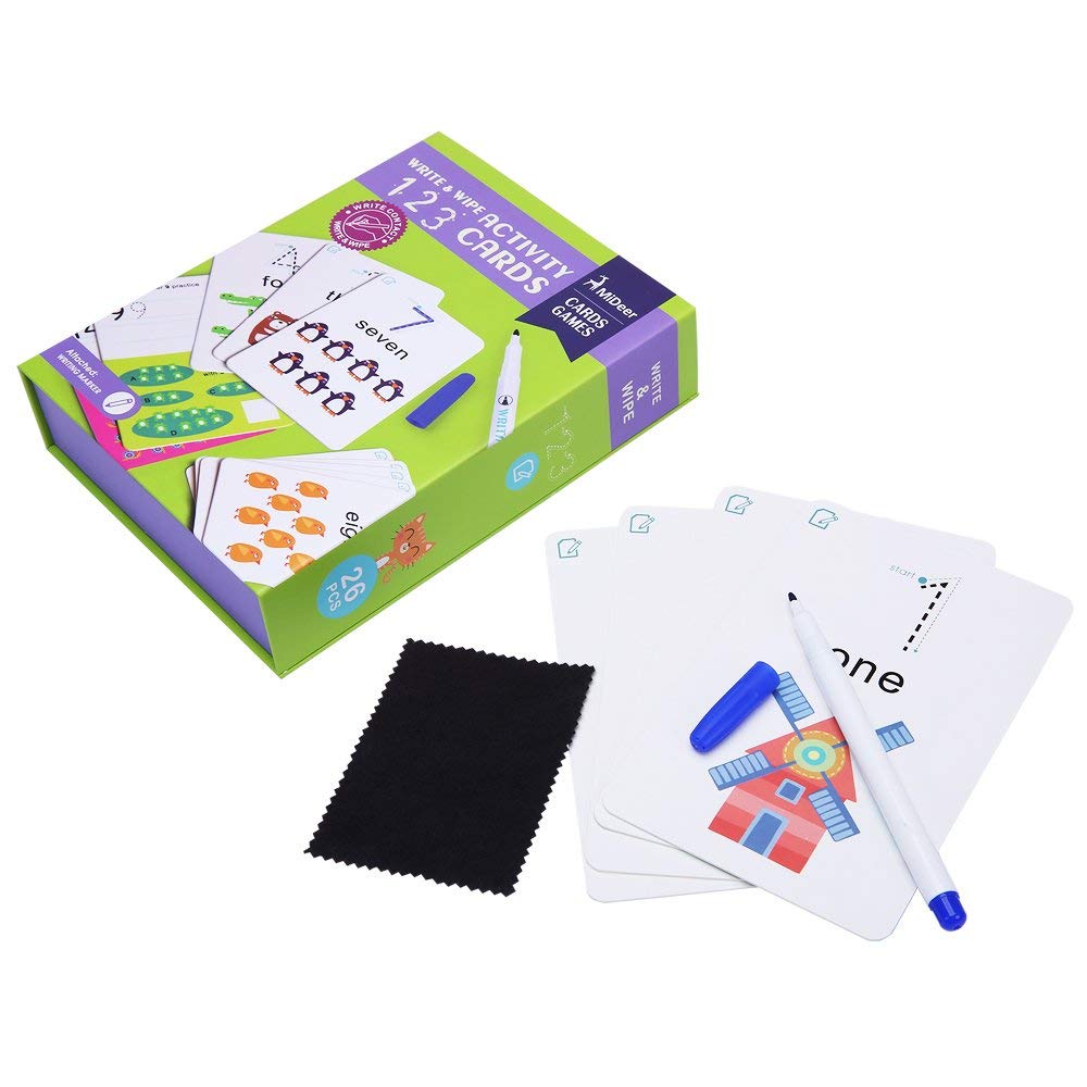MIDEER Wipe and Write Activity 123 Cards set with blue marker and cloth, includes 26 cards