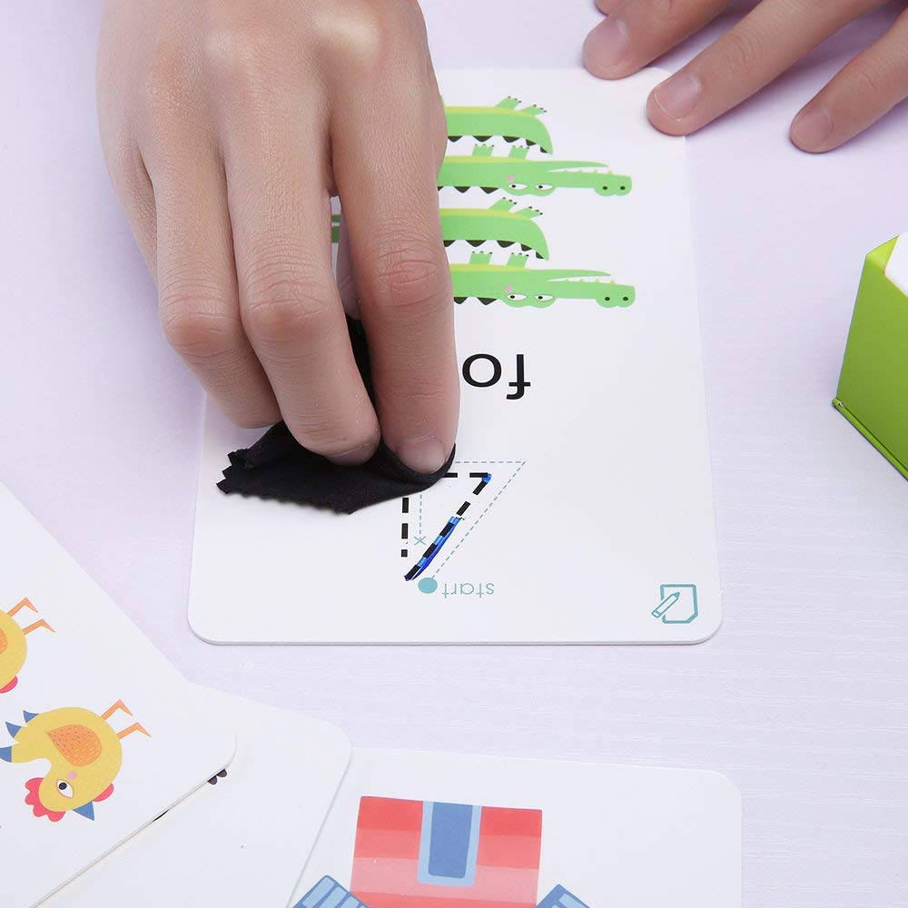 Mideer Wipe and Write Activity 123 Cards set, child erasing a card with green crocodile illustrations