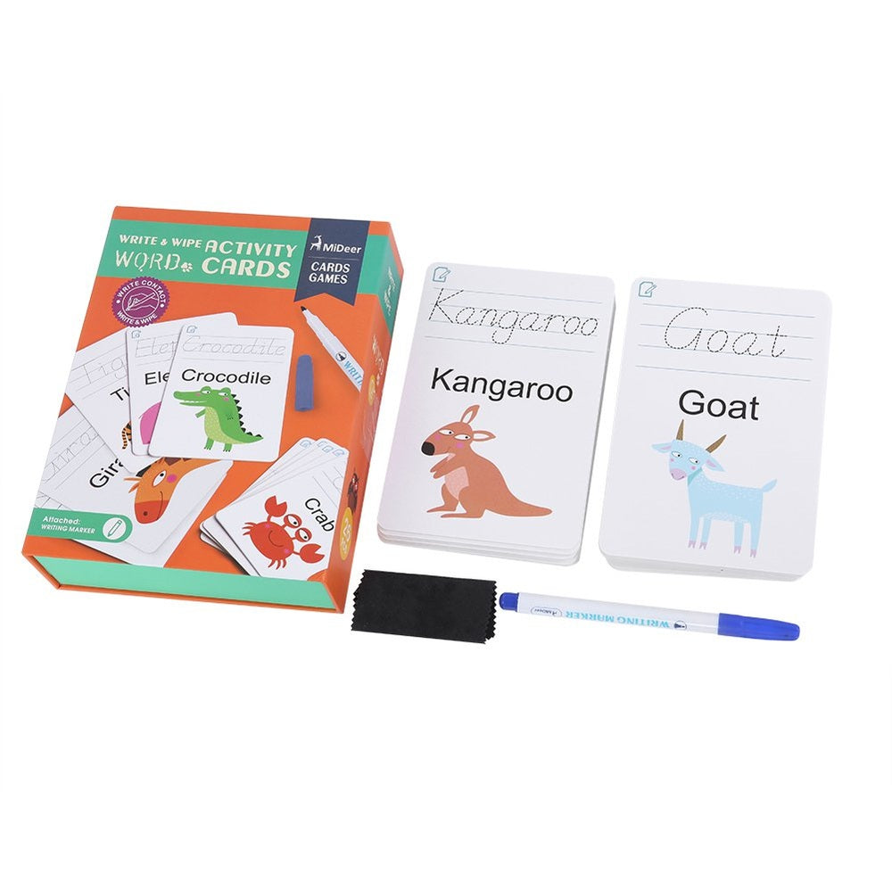 MIDEER wipe and write activity word cards set with Kangaroo and Goat cards, marker, and cloth