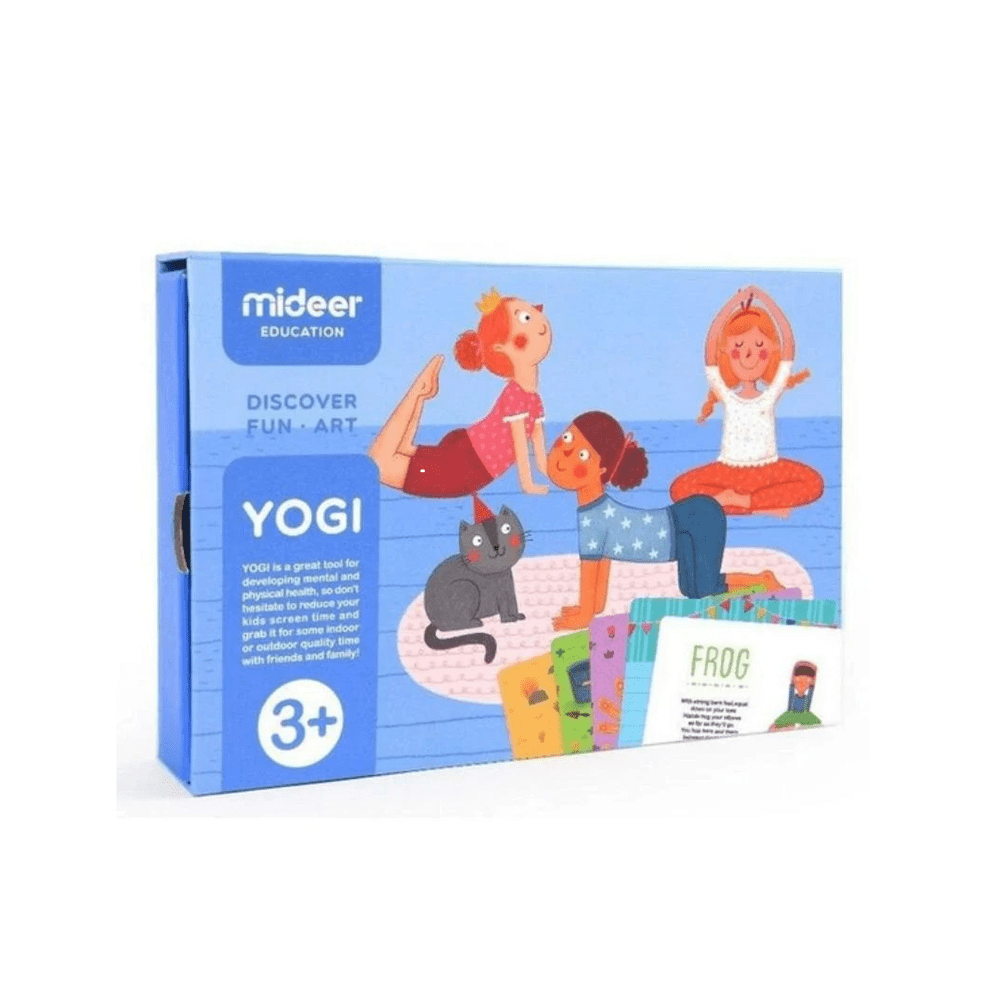 Mideer Yogi Cards educational toy set in blue box showing kids doing yoga and playful characters, for ages 3+