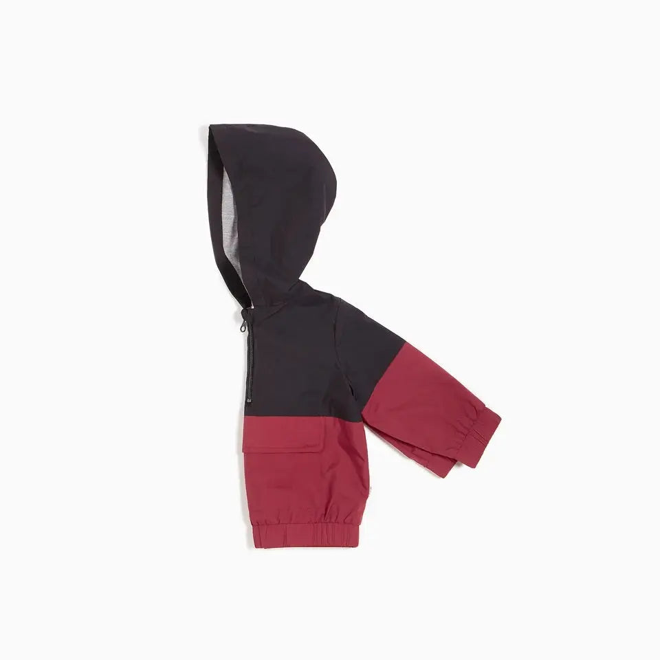 Miles Baby Arcade Game Windbreaker Jacket Red and black color-block with hood up and front zipper
