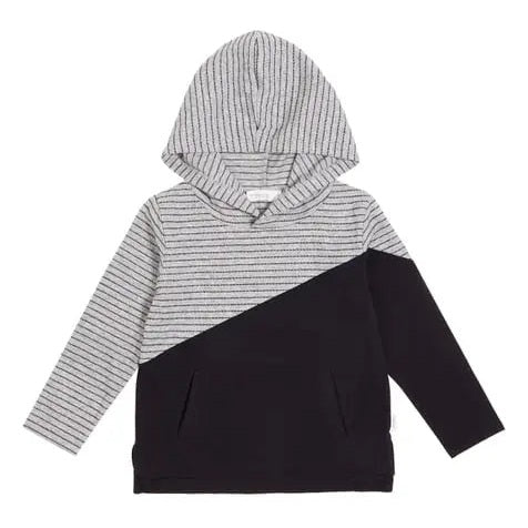 Miles Baby Hooded L/S T Shirt Knit Heather Grey two-tone hoodie with striped sleeves and front pocket.