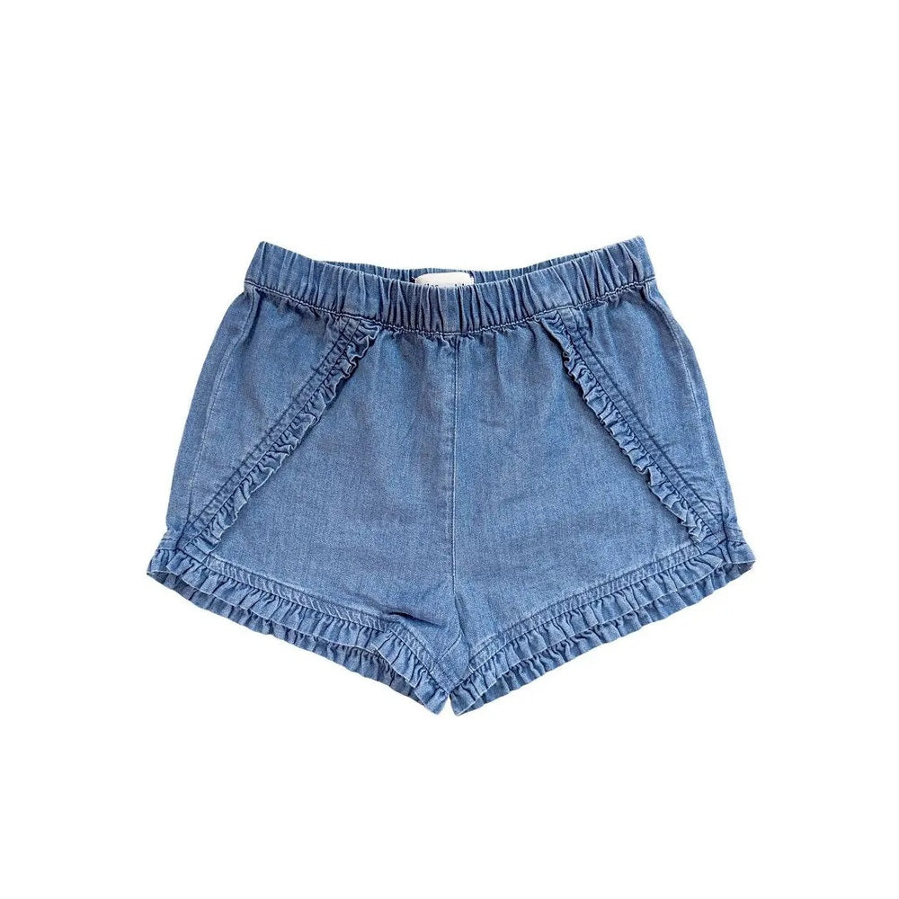 Miles The Label Girl Shorts Woven Blue Denim with elastic waist and ruffle trim, shown flat