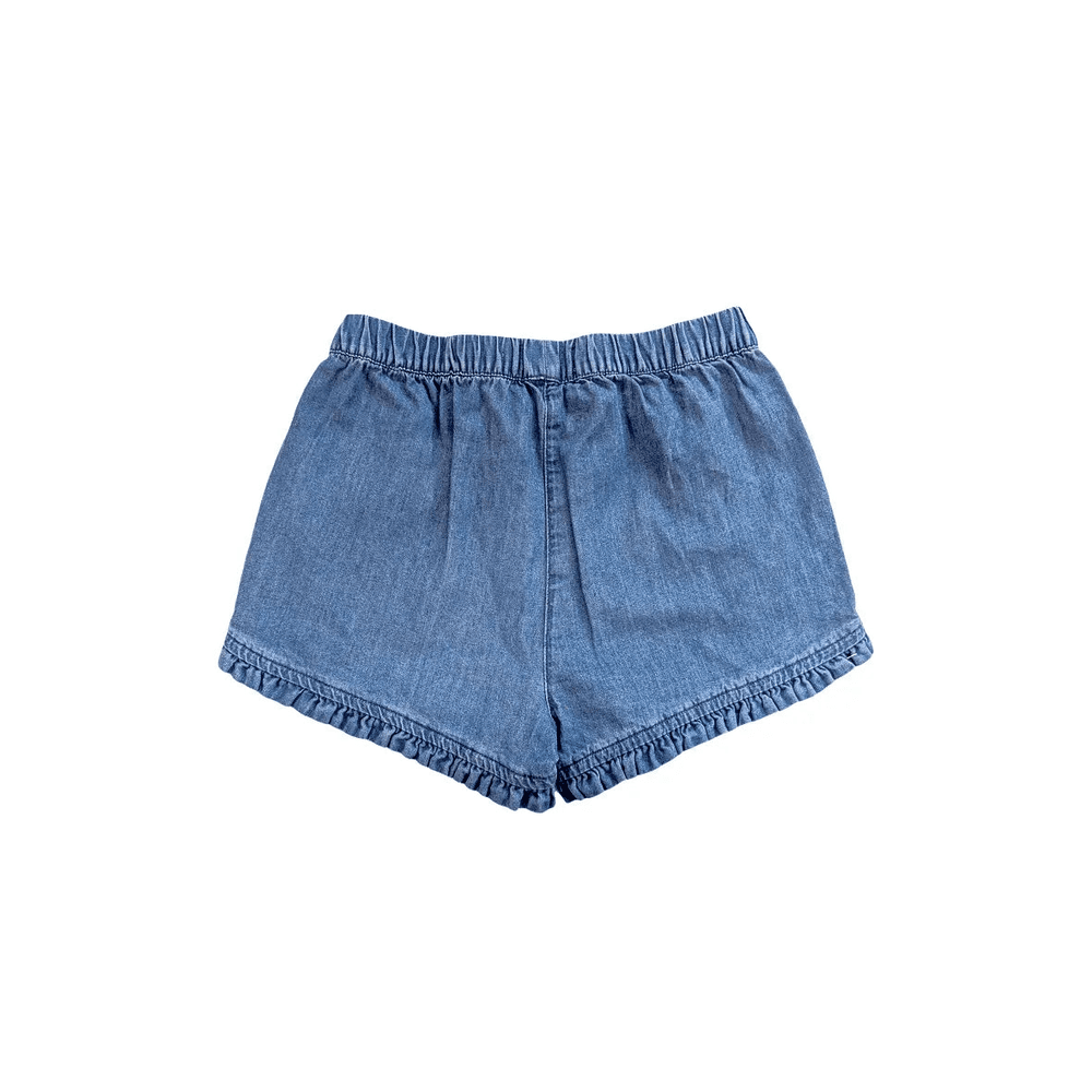 Miles The Label Girl Shorts Woven Blue Denim with elastic waistband and ruffled hems.