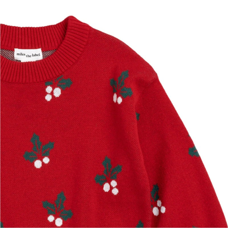 Miles The Label Merry Mistletoe Red Jacquard Sweater, red knit with green holly leaves and white berries.