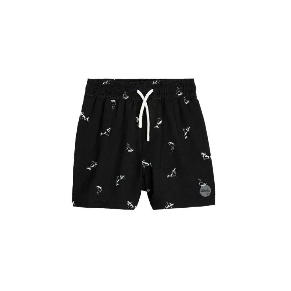 Miles The Label Orca Print Swim Trunks Black with white drawstring, showing adjustable waist tie.