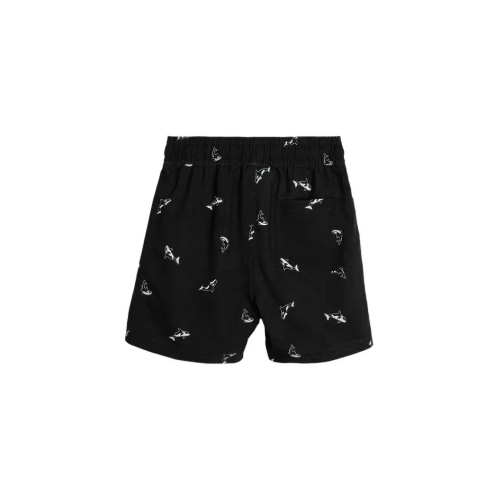 Miles The Label Orca Print Swim Trunks Black with elastic waistband and back pocket showing white orca motifs