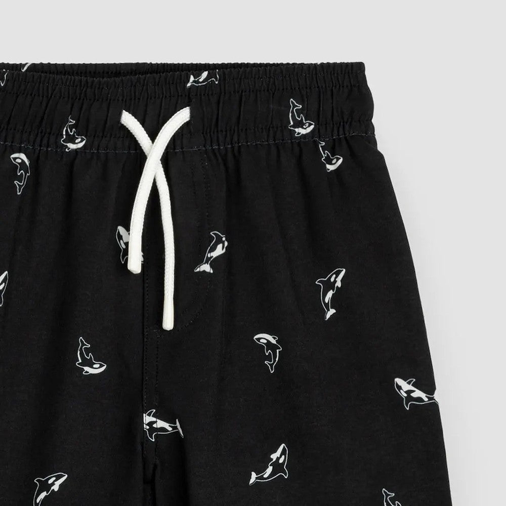 Miles The Label Orca Print Swim Trunks Black with white drawstring tied at front and tiny orca graphics