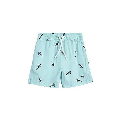 Miles The Label Printed Swim Shorts Aqua; front view shows white drawstring and shark pattern.