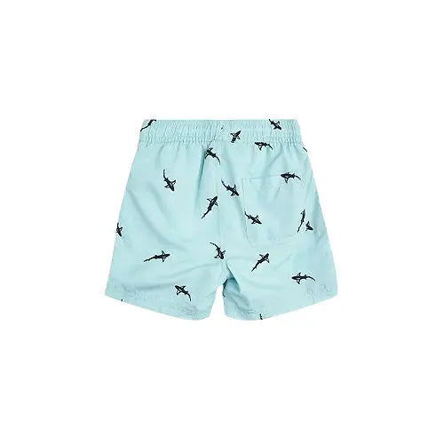 Miles The Label Printed Swim Shorts Aqua with shark pattern, elastic waistband shown on lightweight swimwear.