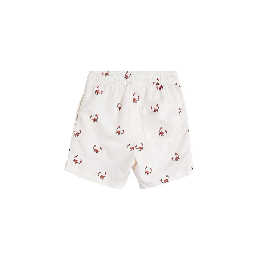 Miles The Label Printed Crab Swim Shorts, white with red crab print and elastic waistband.