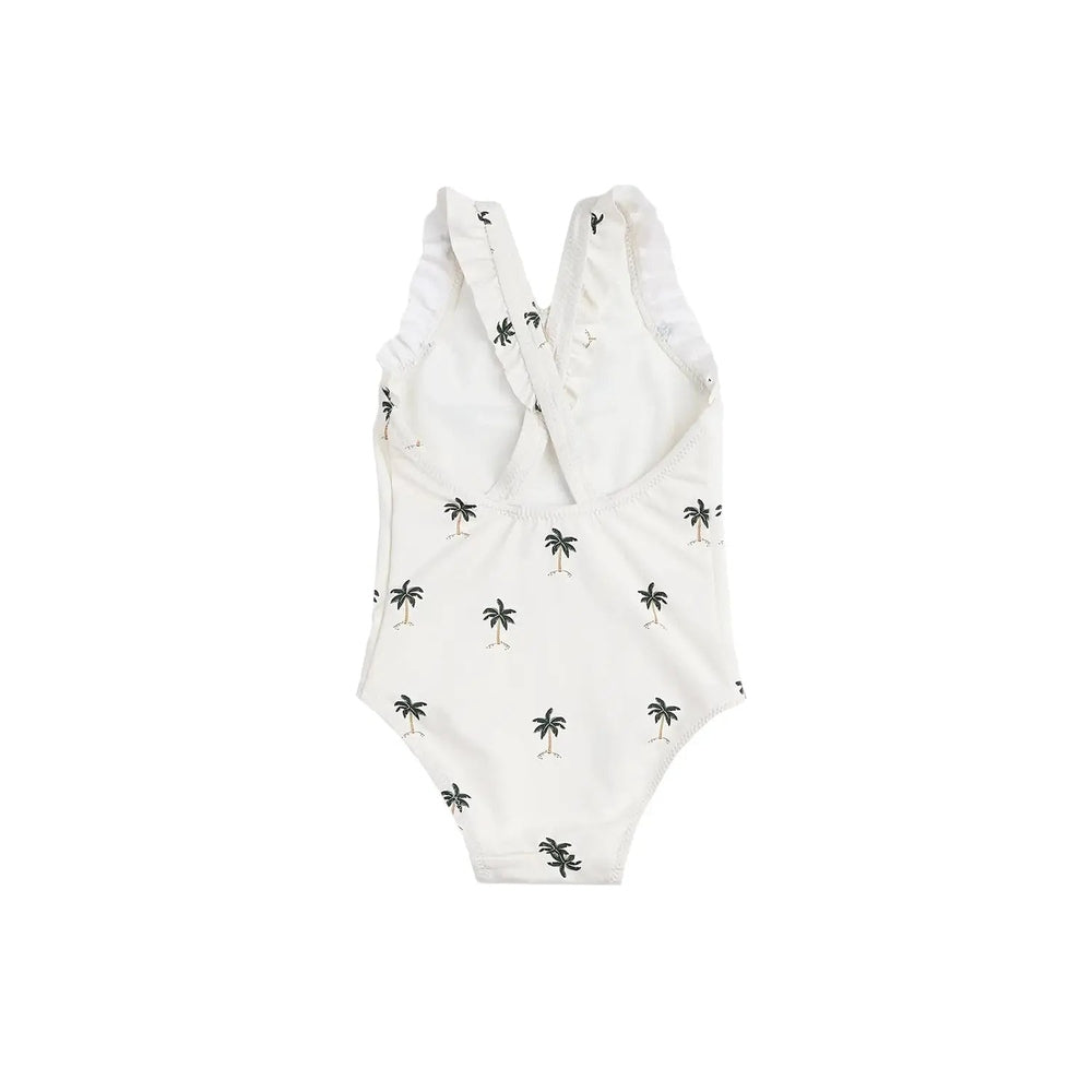Miles The Label Ruffled Swimsuit Palm Trees, white one-piece with ruffled shoulder straps shown flat.