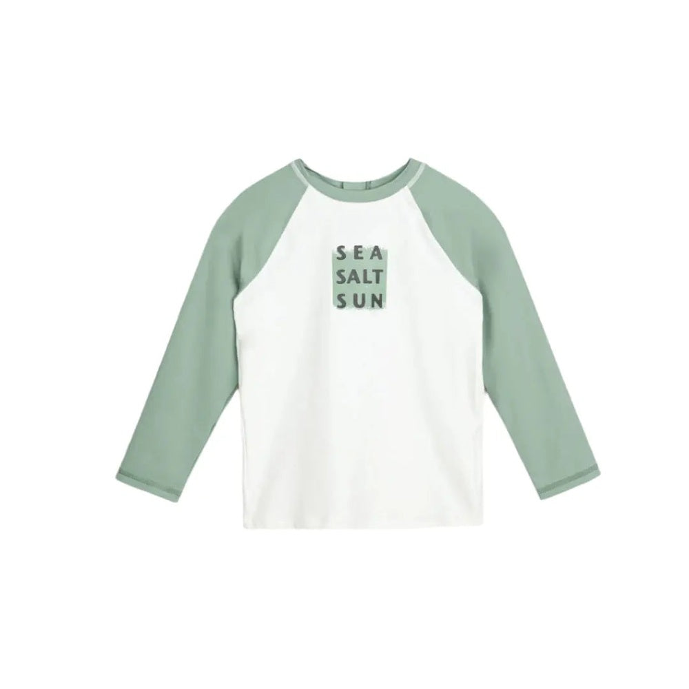 Miles The Label Sea Salt Sun Long-Sleeve Raglan Rashguard in white with dusty green sleeves, shown flat on a white background.