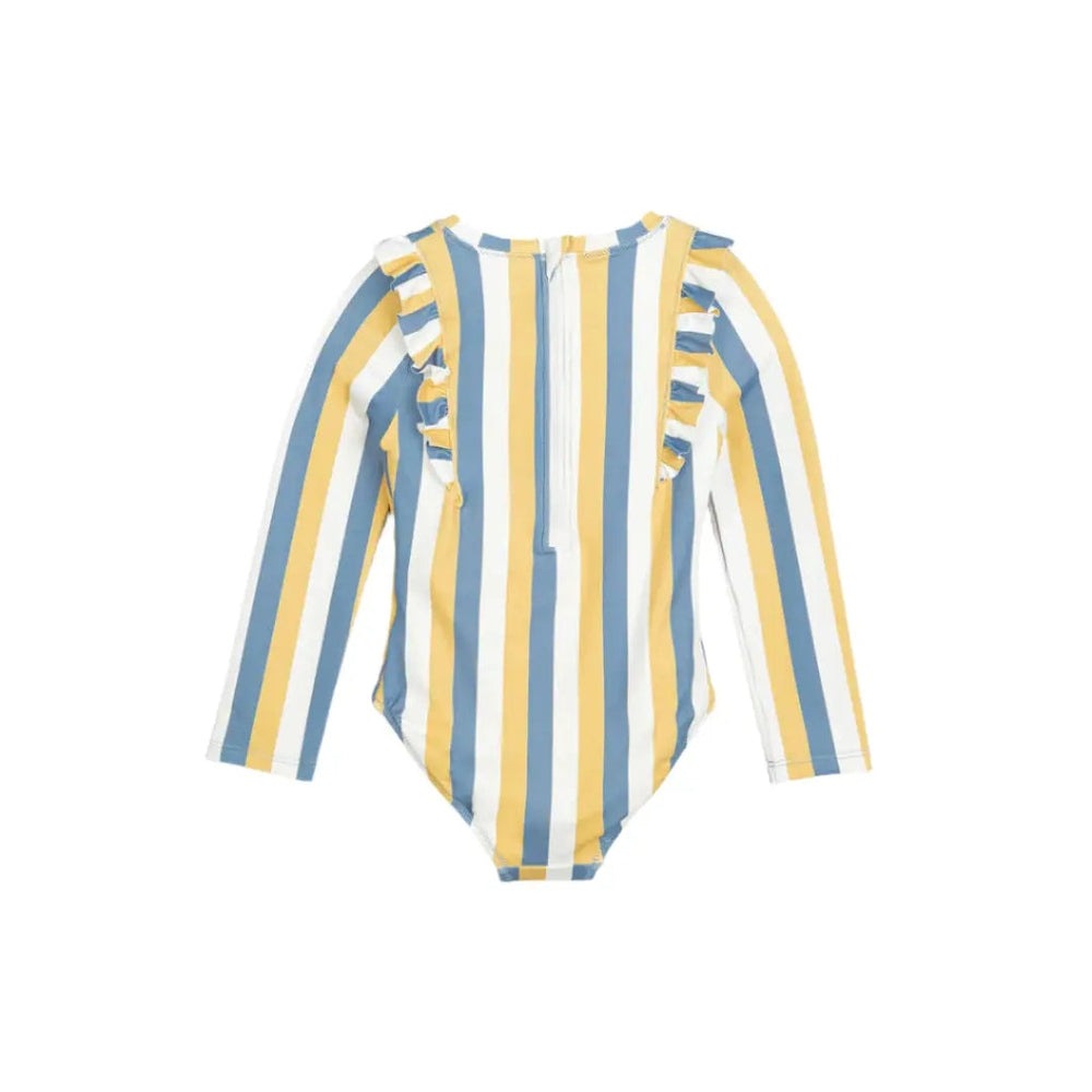 Miles The Label Sunrise & Blue Striped Long-Sleeve One-Piece Swimsuit; yellow, blue, white stripes, flat-lay with ruffle accents.