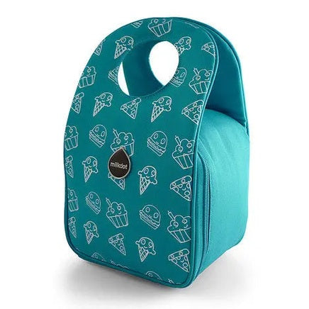 Milkdot Stoh Pattern Lunch Tote in teal; insulated lunch bag with zipper closure and convenient top handle.