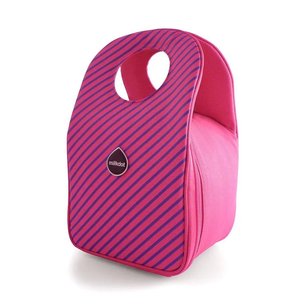 Milkdot Stoh Pattern Lunch Tote, pink insulated lunch bag with purple diagonal stripes, featuring a cutout handle.