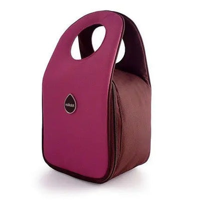 Milkdot Stoh Solid Lunch Tote, magenta exterior with brown interior, carried by its integrated handle cutout.