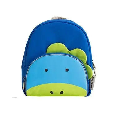 Milo & Gabby Character Backpack, blue with lime green dinosaur face, kid-sized with a front zipper pocket