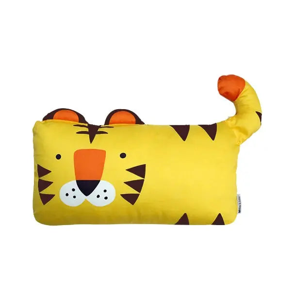 Milo & Gabby Pillow Case For Toddler, bright yellow tiger face with orange nose and tail curved upward.