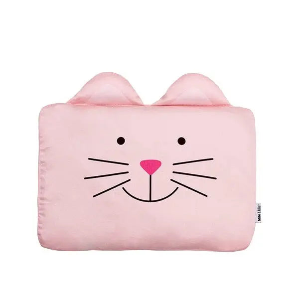 Milo & Gabby Pillowcase for Baby, pink cat-face with ears, whiskers and nose on a soft baby pillow.