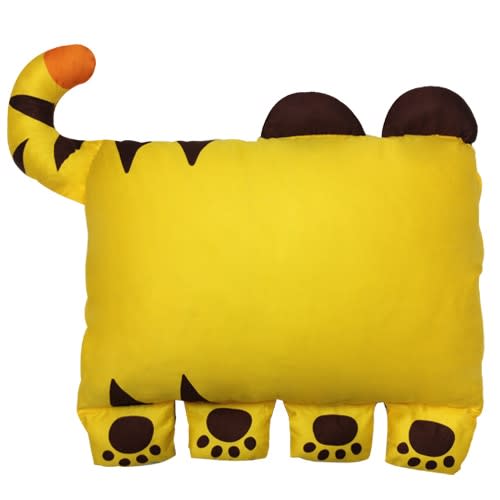 Milo & Gabby kids pillowcase plush tiger shape, yellow with striped tail and paw-print feet