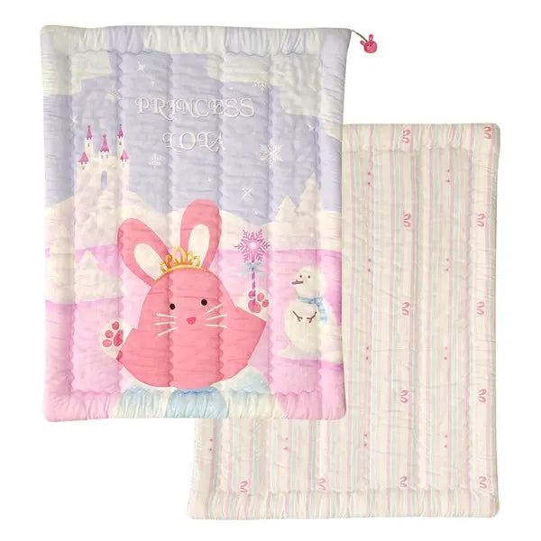 Milo & Gabby Pure Modal Comforter; pastel quilt spread flat showing pink bunny castle scene for cozy bedding