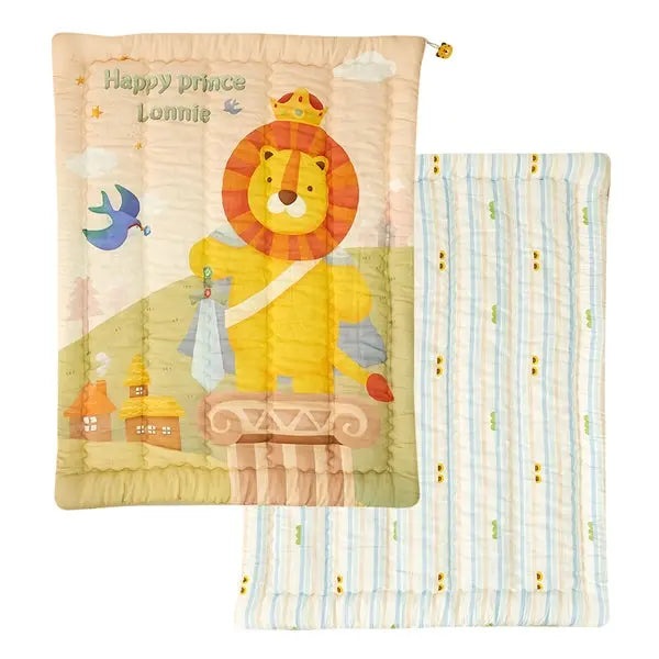 MILO & GABBY Pure Modal Comforter two-piece set with lion-themed quilt and coordinating blue striped blanket laid flat