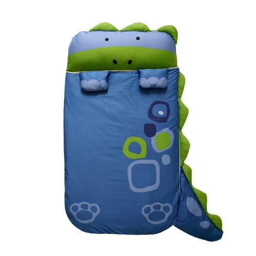 Milo & Gabby kids sleeping bag with blue body, green dinosaur hood and lime accents.
