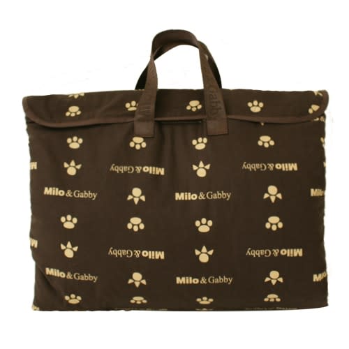 Milo & Gabby sleeping bag for kids, brown with beige paw prints and carrying handles