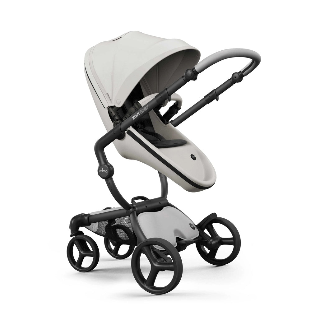 Mima Xari Max Stroller in pale gray with black frame, featuring adjustable handlebar and large canopy in ready-to-use pose.
