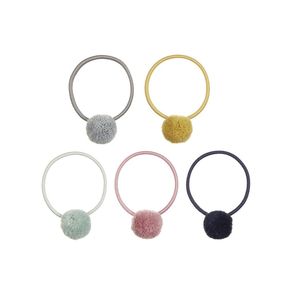 Mimi & Lula Florence Pom Pom Pony hair ties, set of 5 in gray, mustard, mint, pink, navy