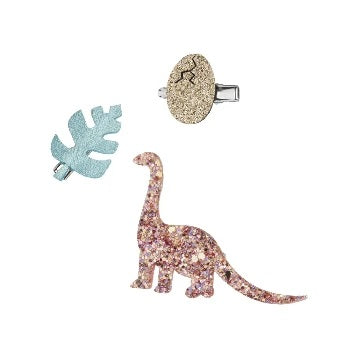 Mimi & Lula Dino Clip Set featuring 3 glitter clips: pink dinosaur, beige round, turquoise leaf
