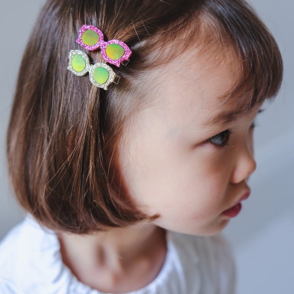 Mimi & Lula glittery glasses clips for toddlers, pink and lime-green with rhinestone borders, 2-pack