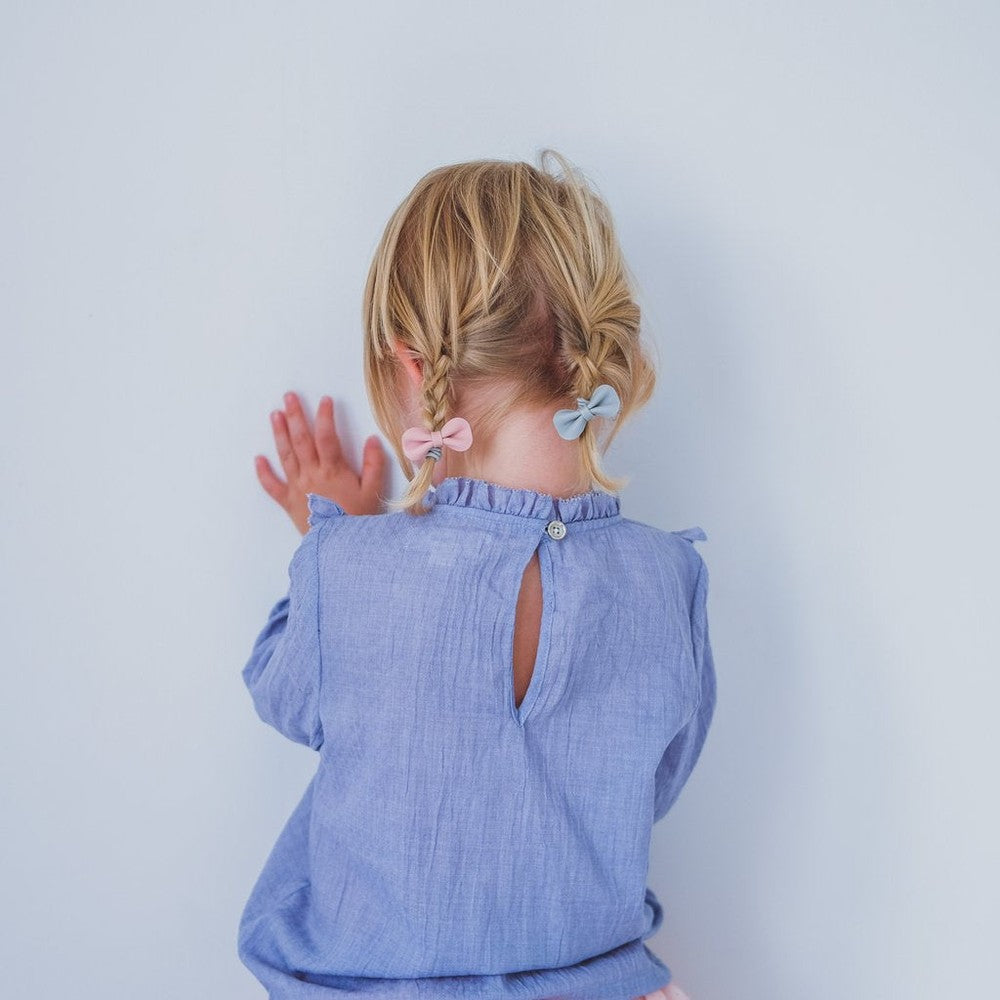 Mimi & Lula Gracie Ponies Pink toddler top back view with two braids and pink and blue bows