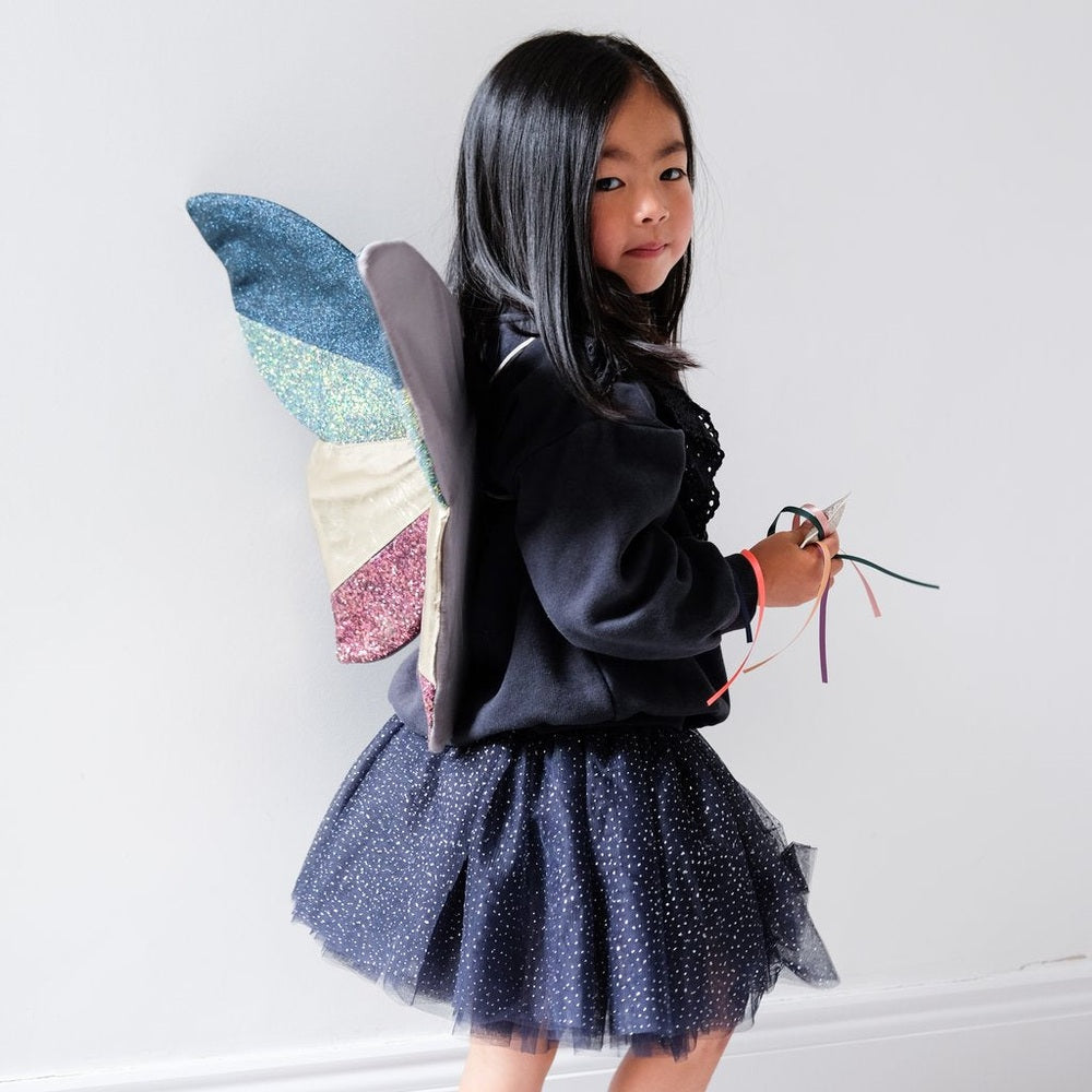 Mimi & Lula Midnight Tutu Navy girl outfit with glitter navy tulle skirt and colorful glitter wings