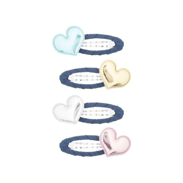 Mimi & Lula Party Hearty Clips: set of 4 navy braided hair clips with mint, gold, silver and rose hearts.