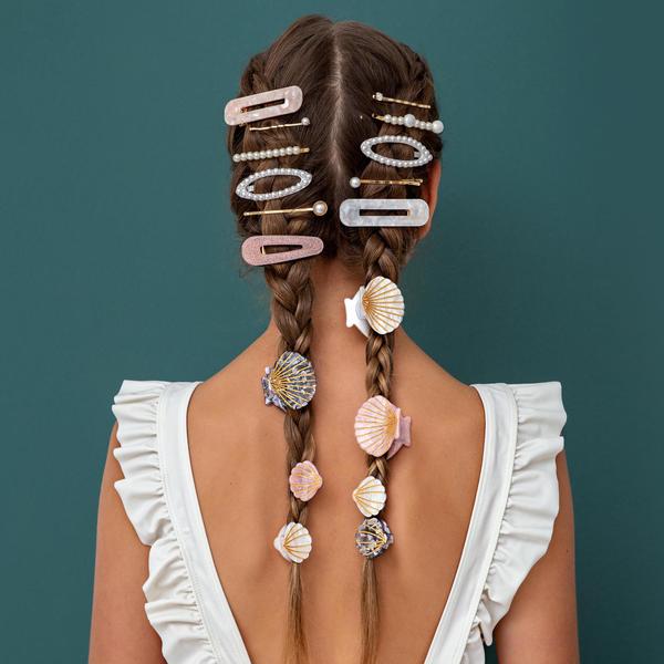 Mimi & Lula Pearly Queen Kirby Grips for kids; pearl clips and shell charms on twin braids