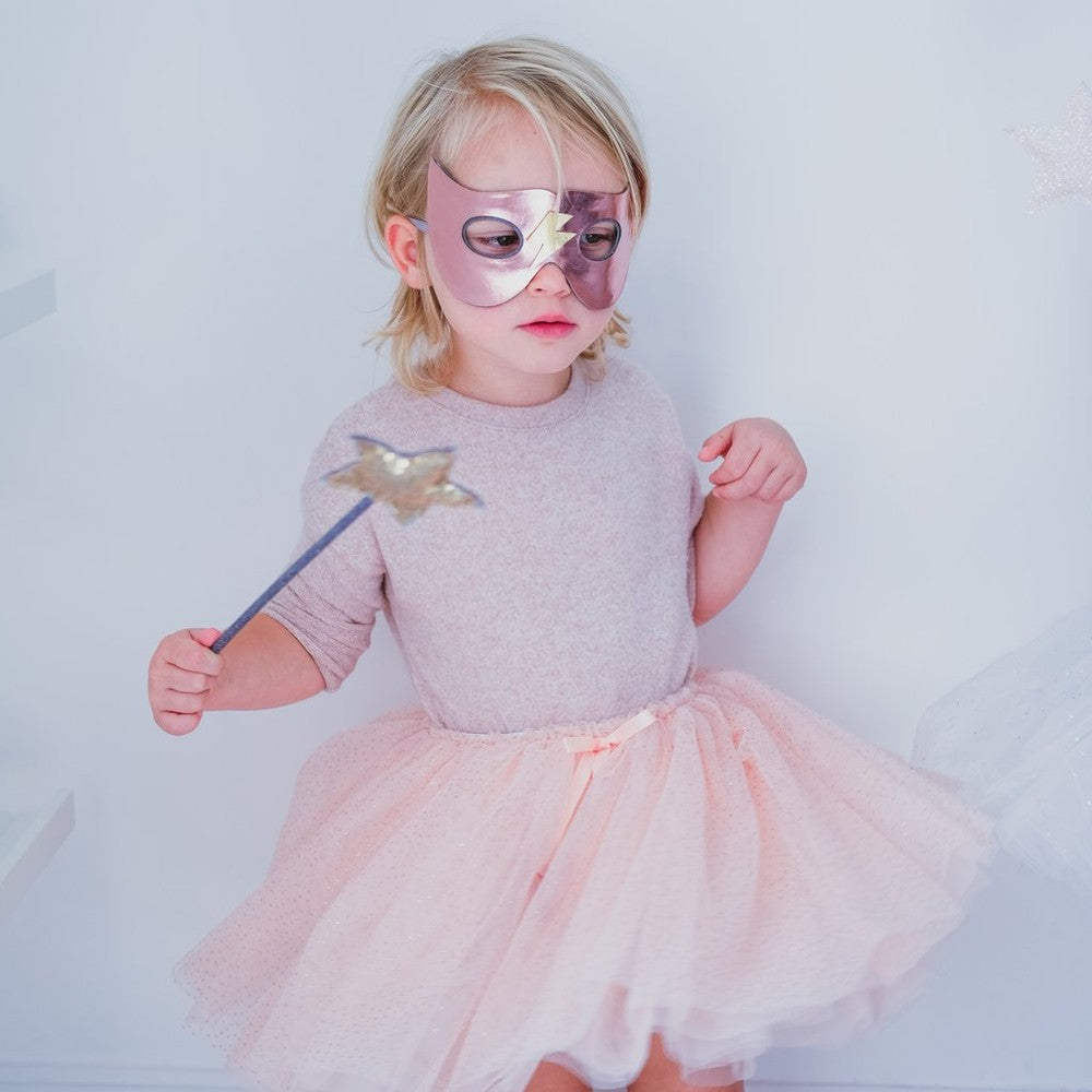 Mimi & Lula pink tutu dress for toddlers with soft tulle skirt; toddler girl wearing pink mask and holding a star wand