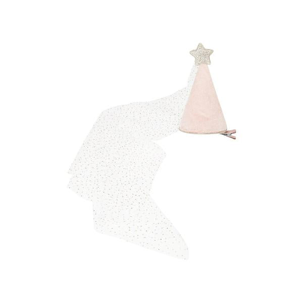 Mimi & Lula Princess Hat with pink cone and glitter star, paired with dotted tulle cape