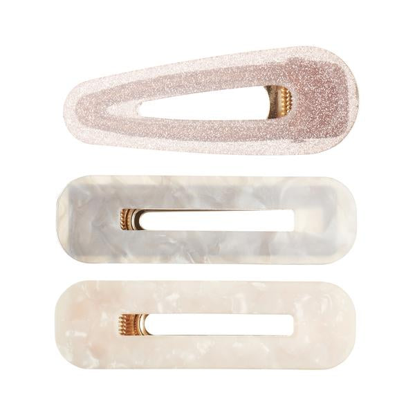 Mimi & Lula Shimmer Resin Clips set of 3 in pink glitter, white marble, peach marble