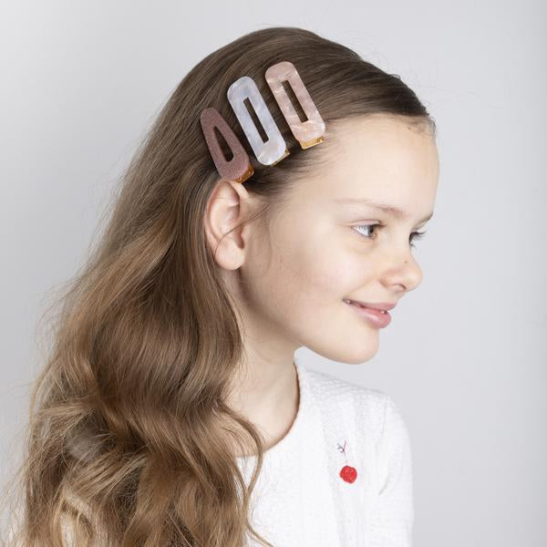 Mimi & Lula Shimmer Resin Clips: set of 3 rectangular barrettes in rose, taupe, and clear