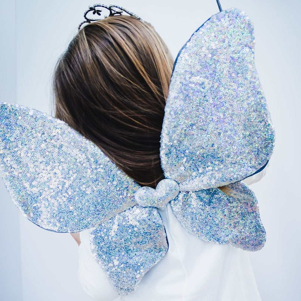 Mimi & Lula Sparkle Sequin Wings for kids, iridescent blue sequins with heart clasp